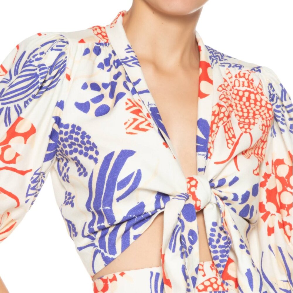 Farm Rio Off-White Mixed Lobsters cropped tie-front blouse.